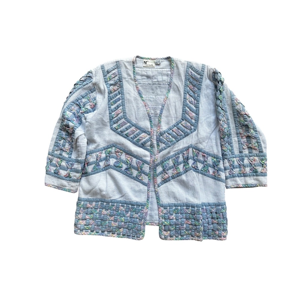 Yak Magik Womens White Waffle Knit Cotton Ribbon Weave Cardigan Jacket‎ Nepal XL